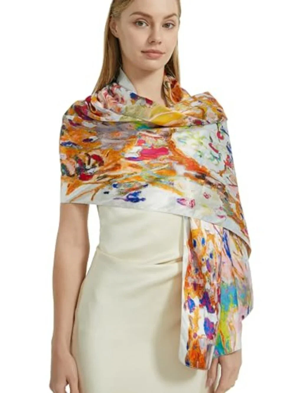 Floral Print Long Scarf Lightweight Silk Feeling Shawl Double-Sided